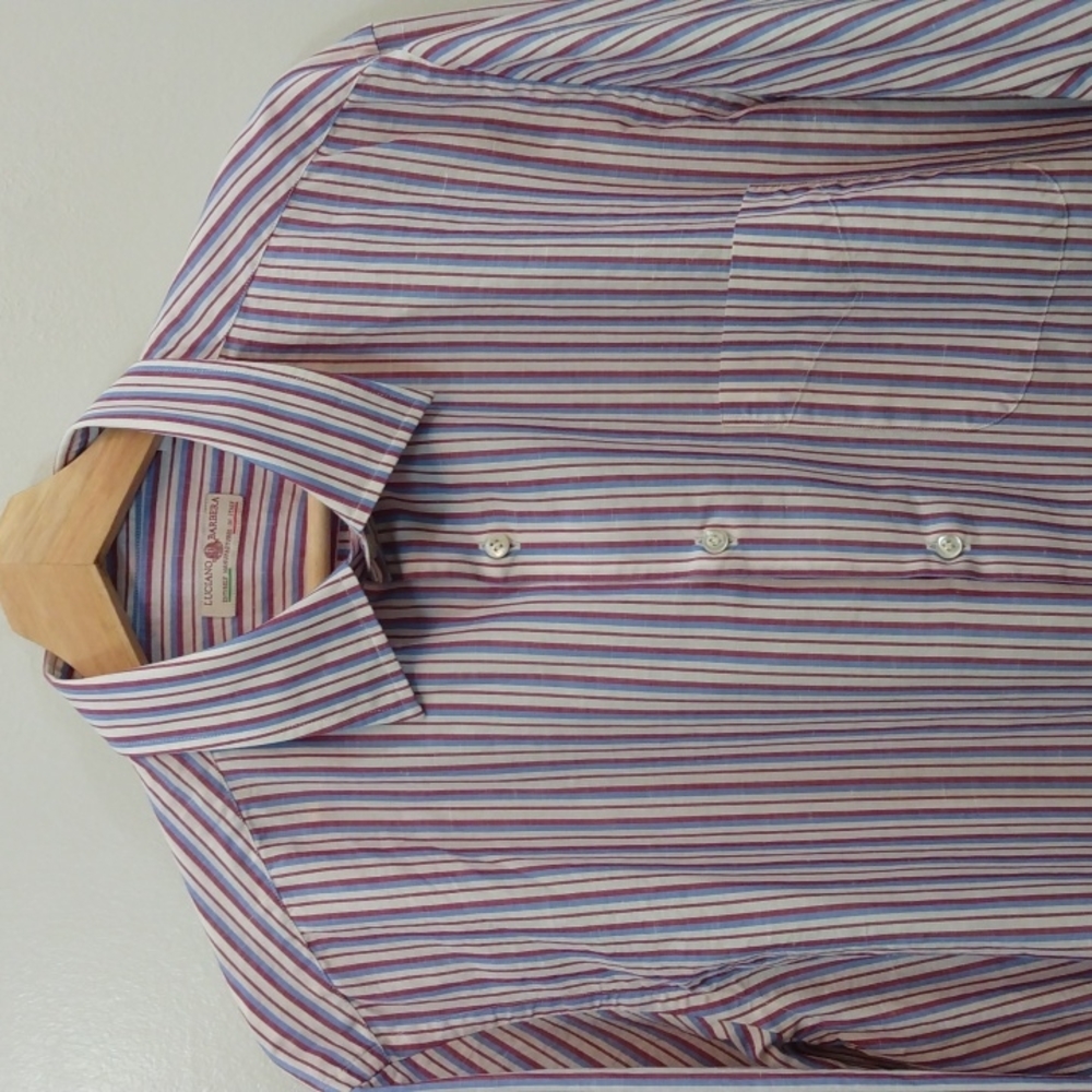 Luciano Barbera XL Blue/Red/White Stripe Cotton/Linen Shirt (Made in Italy)